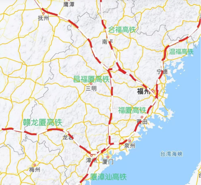 就目前的高铁规划线路来看:赣龙厦高铁,厦漳汕高铁,福厦高铁,昌福厦