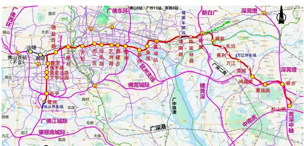 规划有东平站,鹭洲站,乐从站三个站点,可与广佛江珠城际乐从站连接上