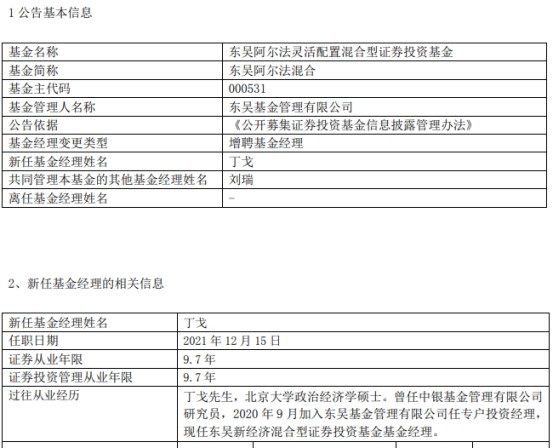 东吴阿尔法混合增聘基金经理丁戈与刘瑞共同管理