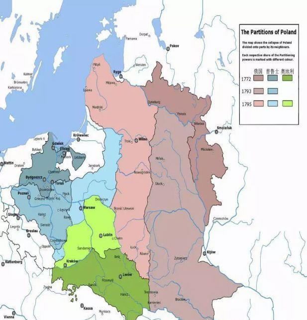 俄普奥三次瓜分波兰地区示意图,其中,蓝色部分为普鲁士瓜分的.