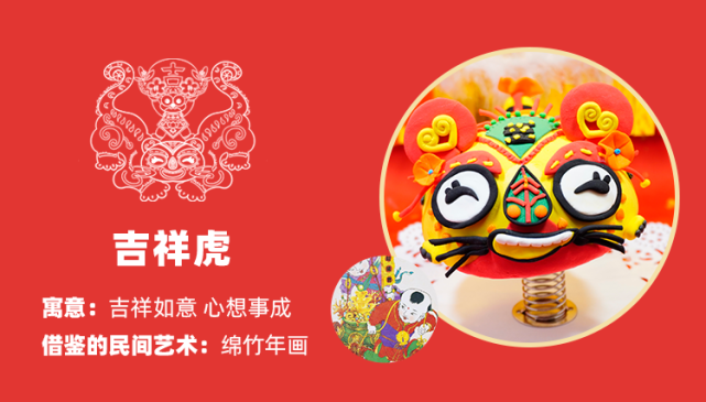 黄色吉祥虎,身佩如意纹,参考绵竹年画的特点设计,寓意吉祥如意心想事
