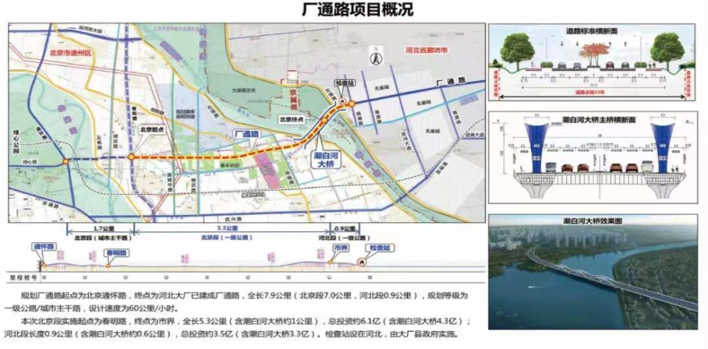 此次开工的厂通路北京段从通州区春明路至北京市界,经潮白河跨河桥,与