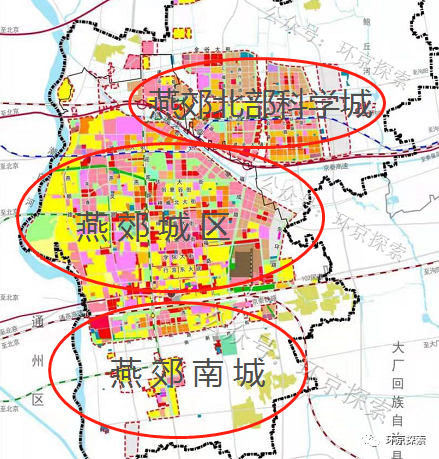 分别为燕郊镇,高楼站,按照空间,又分为:燕郊城区,燕郊南城和燕郊北部