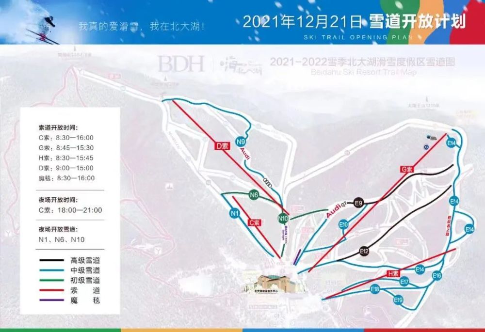 北大湖共有19条滑雪道,总计雪道长度26公里(包括3个雪地魔毯,2个入门