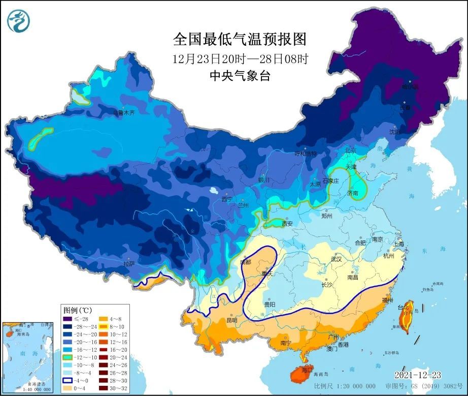 图2 全国大风降温预报图(12月23日20时-25日20时)图1 全国大风降温