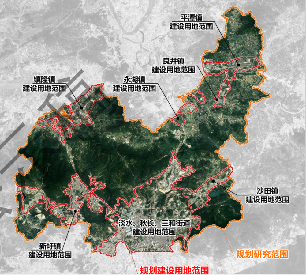 规划建设用地范围:包括惠阳区主城区三个街道(淡水,秋长,三和)和六个