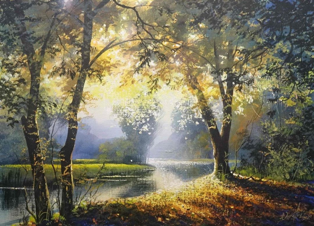 油画风景,森林阳光,艺术家 viktor yushkevich