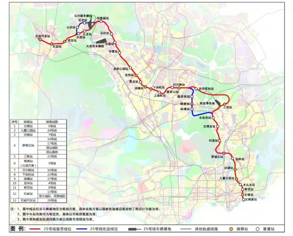 深圳地铁25号线本次公示线站位及车辆基地仅为规划方案,具体实施方案