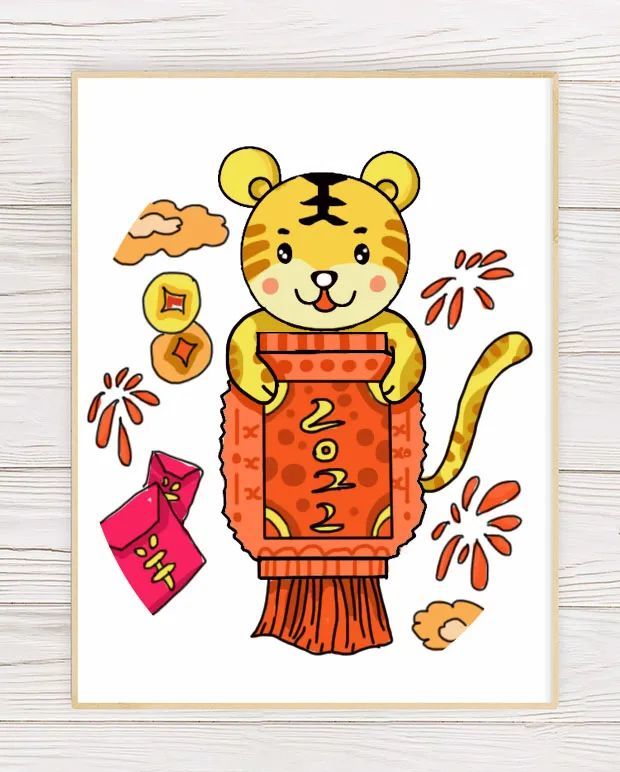 画上想画的1·画一只小老虎抱着一个灯笼绘画步骤白纸,铅笔,马克笔