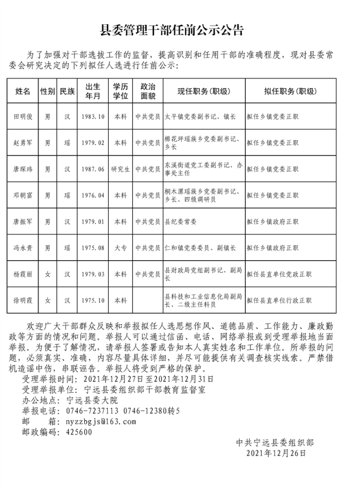 最新永州8名领导干部任前公示12月26日