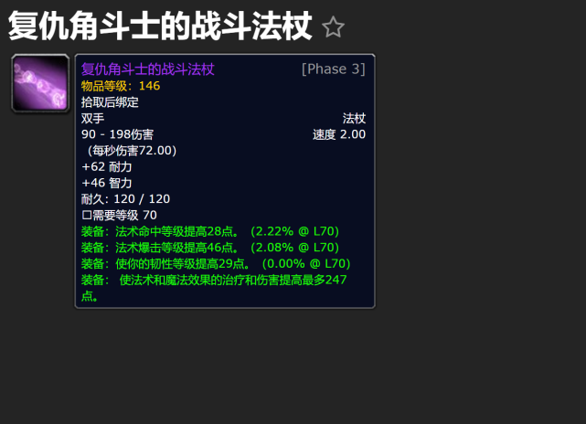 所以这次熊t选用的武器就是复仇角斗士的战斗法杖,秒伤72点,不过该