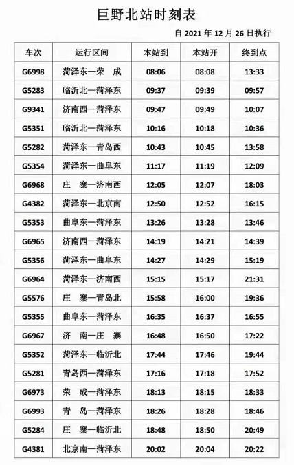 巨野高铁北站最全列车时刻表来了