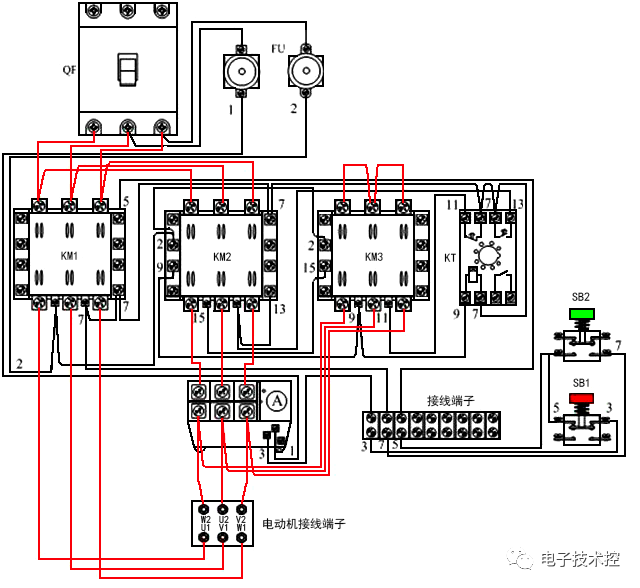 星三角降压启动电路电气元件实物连接示意图