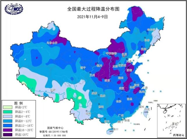 11月4-9日全国最大过程降温幅度分布图.