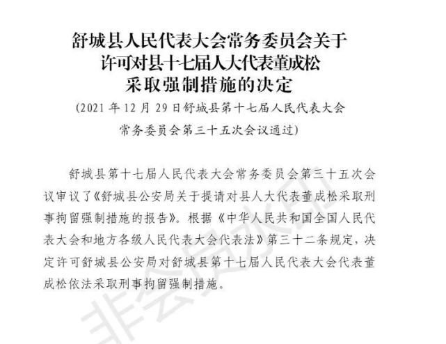 舒城:关于许可对县人大代表董成松采取强制措施的决定