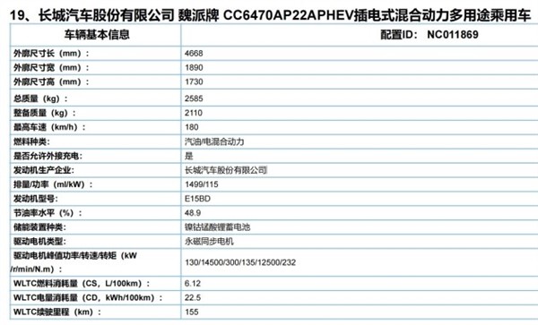 纯电续航超比亚迪宋prodmi魏牌拿铁phev参数曝光最多185公里