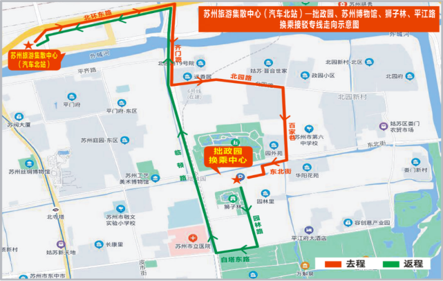 3,首末班时间:苏州旅游集散中心(原汽车北站):8:00-17:00;拙政园换乘