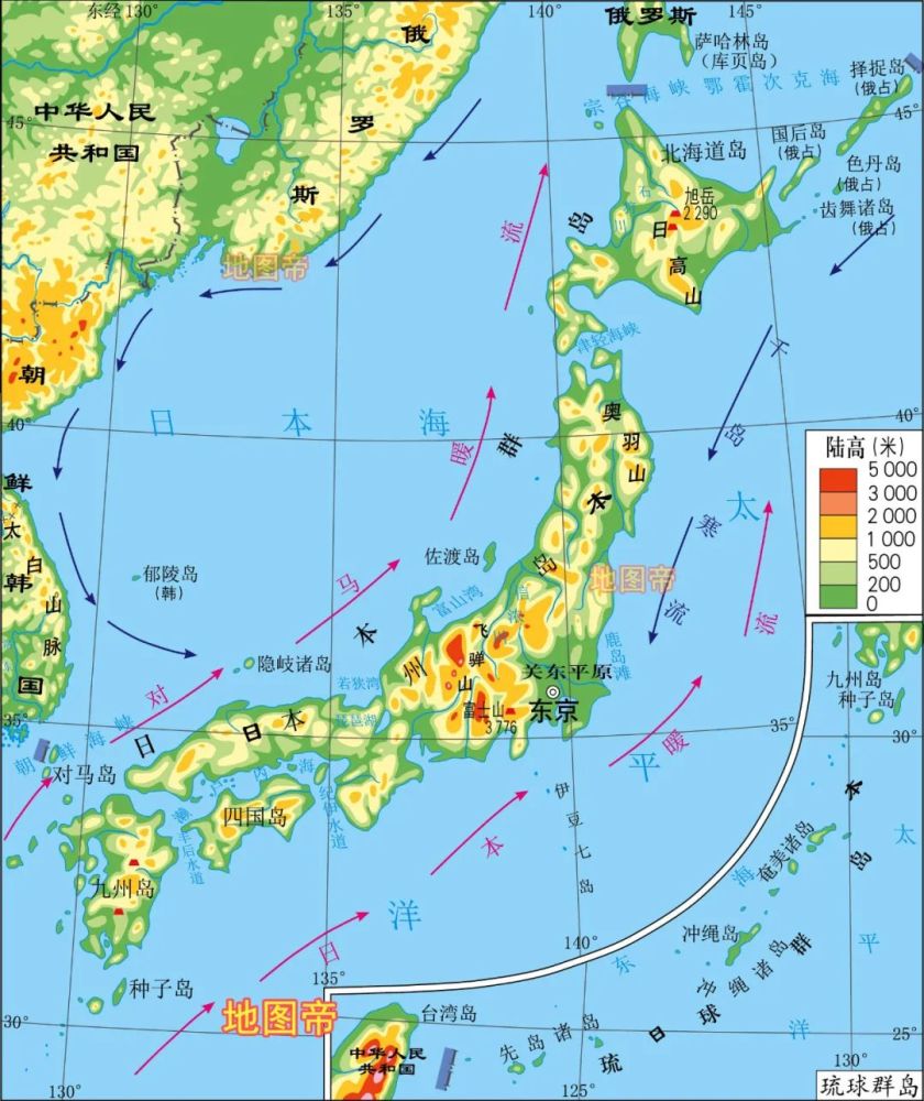 在我国现在的地图上,北方四岛(南千岛群岛)标记为日本领土,附注"俄占