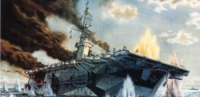 表现"塔菲3"中队下属"冈比亚湾"号护航航母被击沉的油画(图源:美国