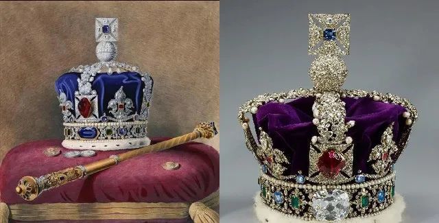 这顶王冠的正面底座中央是斯图亚特蓝宝石,而现任英国女王佩戴时王冠