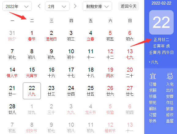 2022年2月22日农历正月廿二 星期二 共8个2,百年一遇