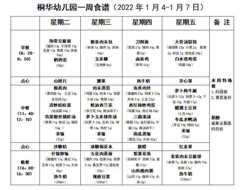 桐华幼儿园一周食谱2022年1月4日1月7日