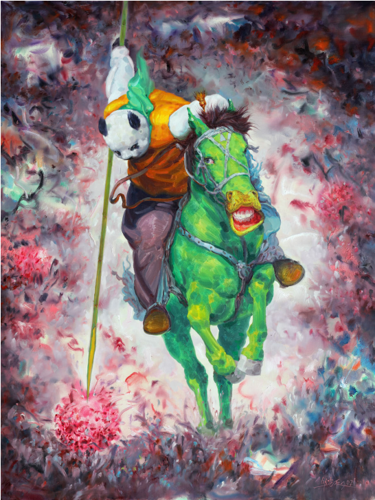 邱光平《绿马骑士》之二,160x120cm,布面油画,2021年曲伟《欲望之花》