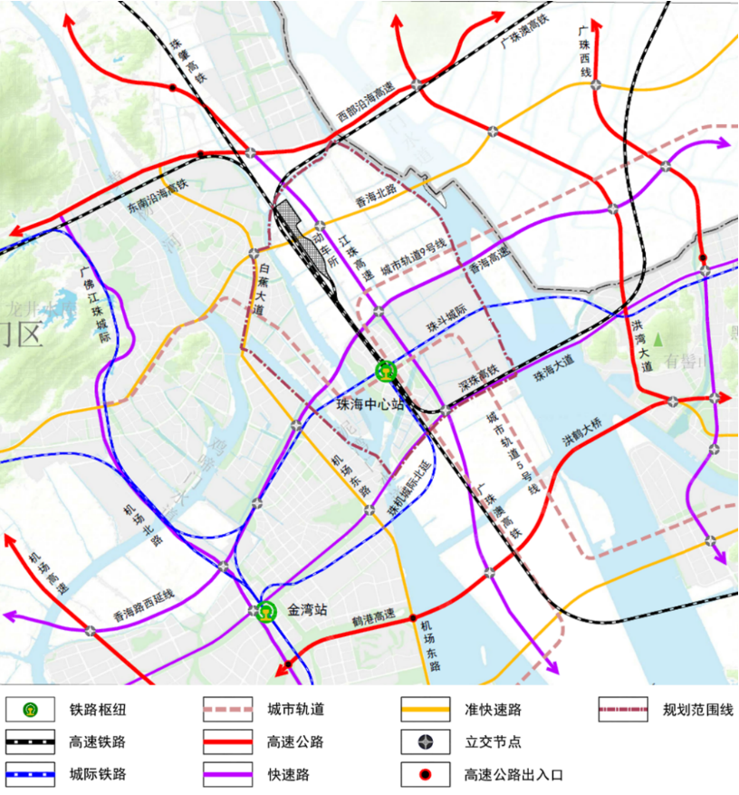 沿江珠高速西侧由北向南高架进入珠海中心站(鹤洲)枢纽