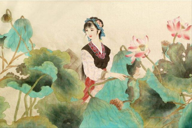 "暗露双金钏",玉腕上的金钏时隐时现,更加衬托出采莲女皮肤的洁白清秀