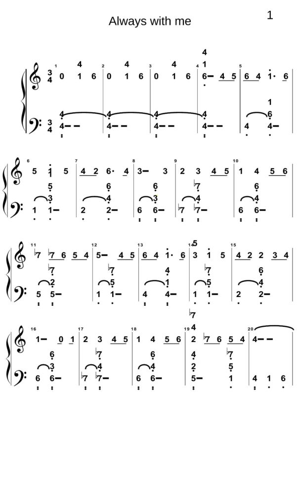 钢琴演奏alwayswithme千与千寻片尾曲五线谱带指法双手简谱