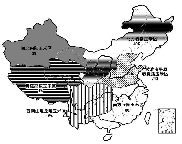 (3)玉米:喜高温,需水较多,适宜疏松的土壤;分布广,云贵高原,四川盆地