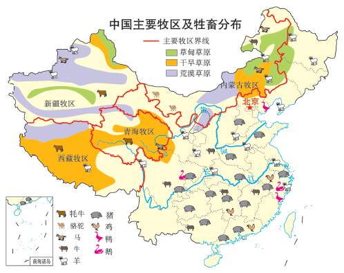 牧区畜牧业畜牧业分布五(4)饮料作物:茶叶主要分布在秦岭—淮河以南的