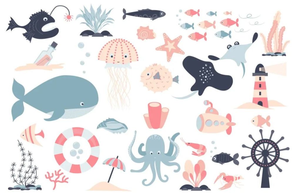 矢量图案丨小清新可爱卡通创意海洋生物元素矢量设计图案素材