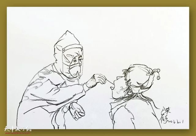 速写王海冰作品《抗疫 速写安宝聚作品《检测登记 油画王辰作品