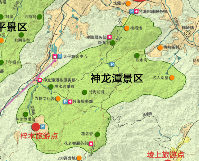 老四坡,紫清山,翠岩禅寺,四季花谷,法园寺等景区;铜源峡景区包括铜源