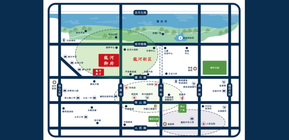 龙河御府南临盛元路,西至西苑街(规划路,北邻全北路(规划路,东临