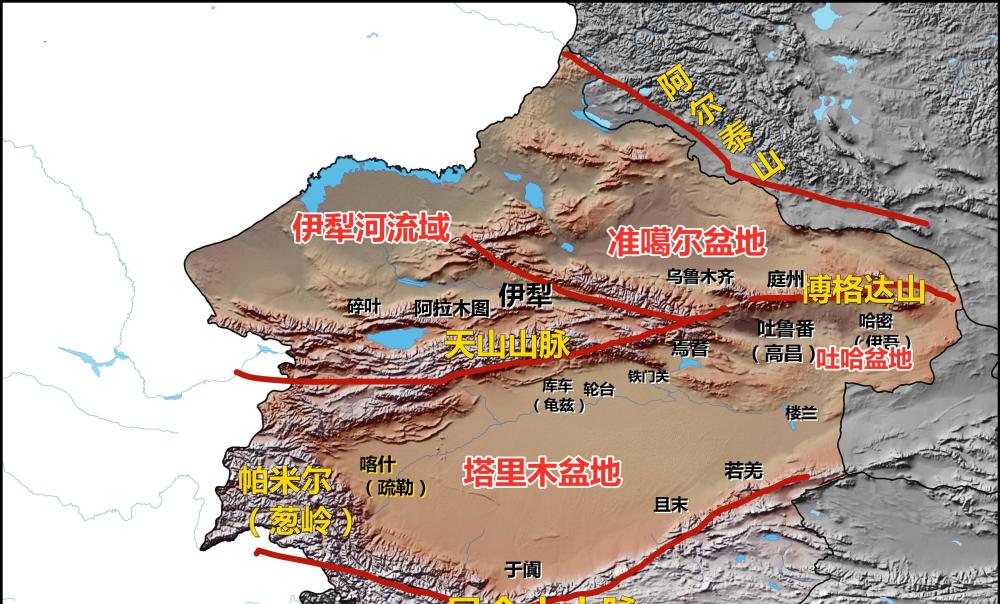 锡尔河以东,以北自东向西各河流:伊犁河,楚河亦即碎叶川,塔拉斯河