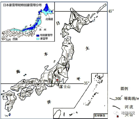 极涡南下会给日本带来暴雪和极寒天气,下图为日本简图和豪雪带分布图