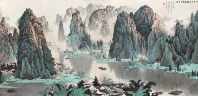 白雪石小青绿漓江山水画