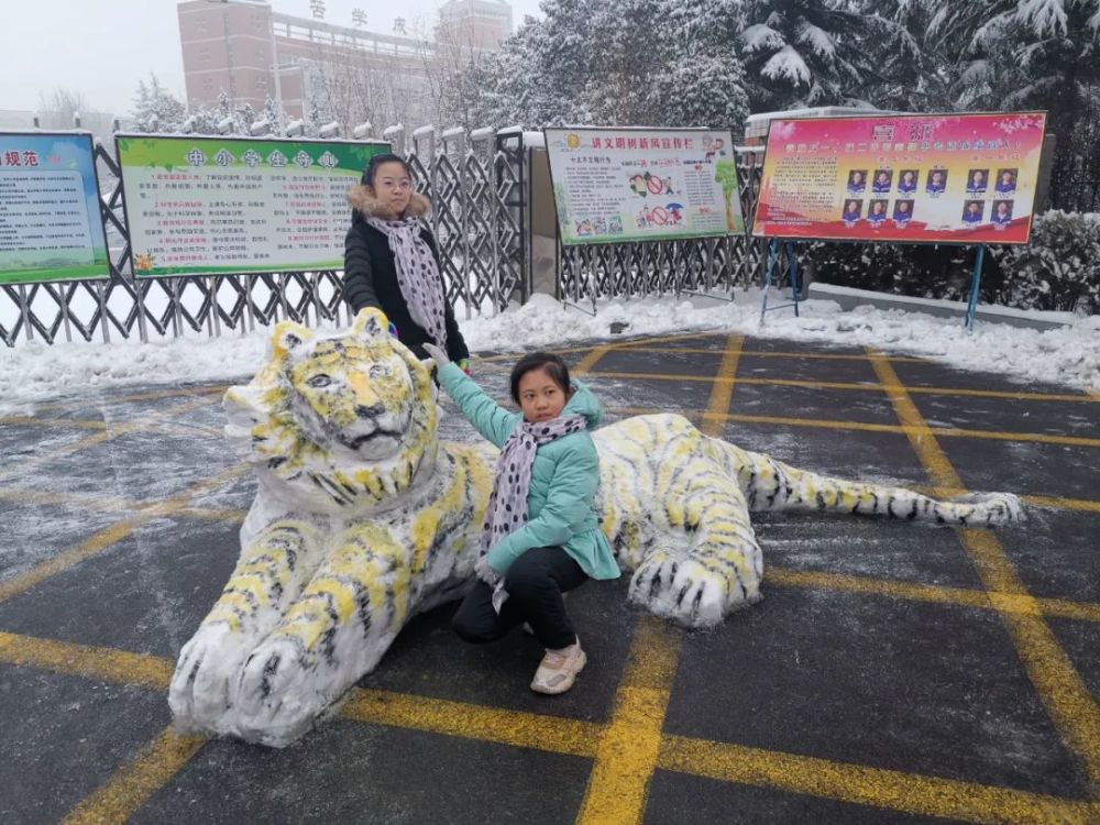 孟津一高老师堆雪老虎栩栩如生