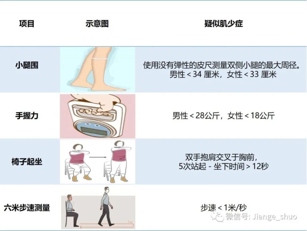 一般来说,肌少症筛查包括以下四种方式:测量小腿围评估四肢骨骼肌肉量