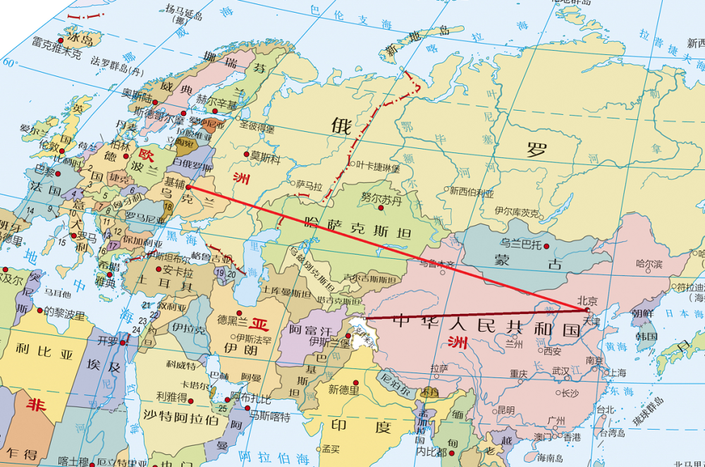 从平面地图上看,北京到乌克兰首都基辅的直线距离为6450公里,比北京