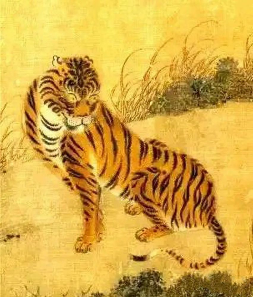 虎虎生威 年年有鱼|明 赵汝殷 风林群虎图(局部《峰虎图,山"