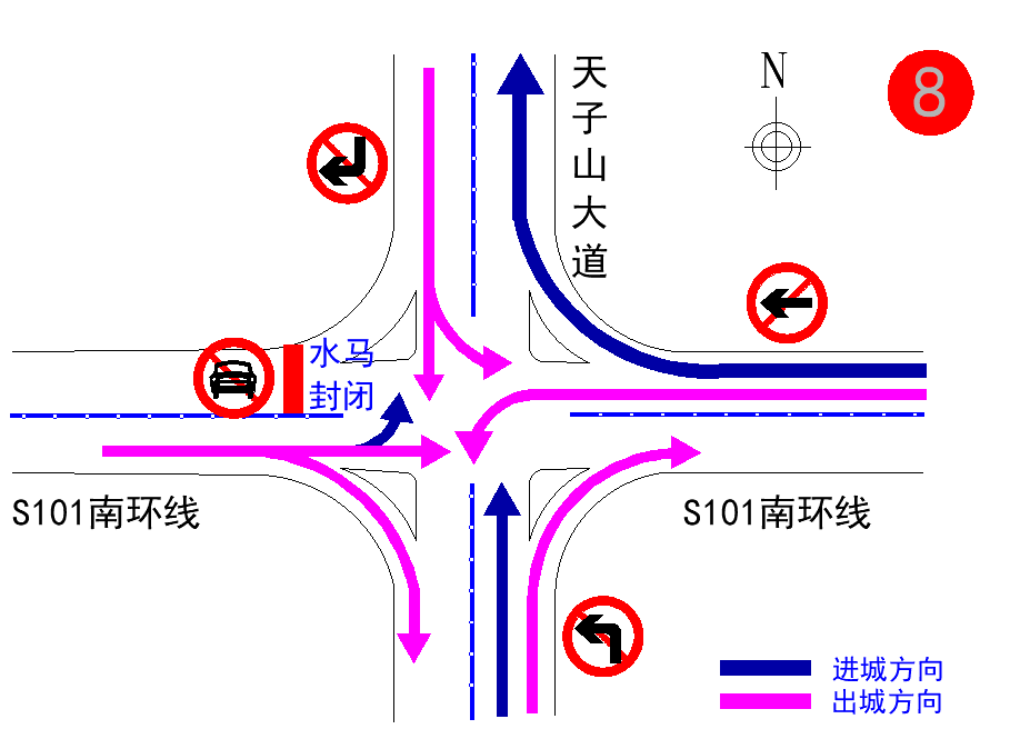 天子山大道与s101南环线路口管制措施:西交路与纸坊大街路口采取右进