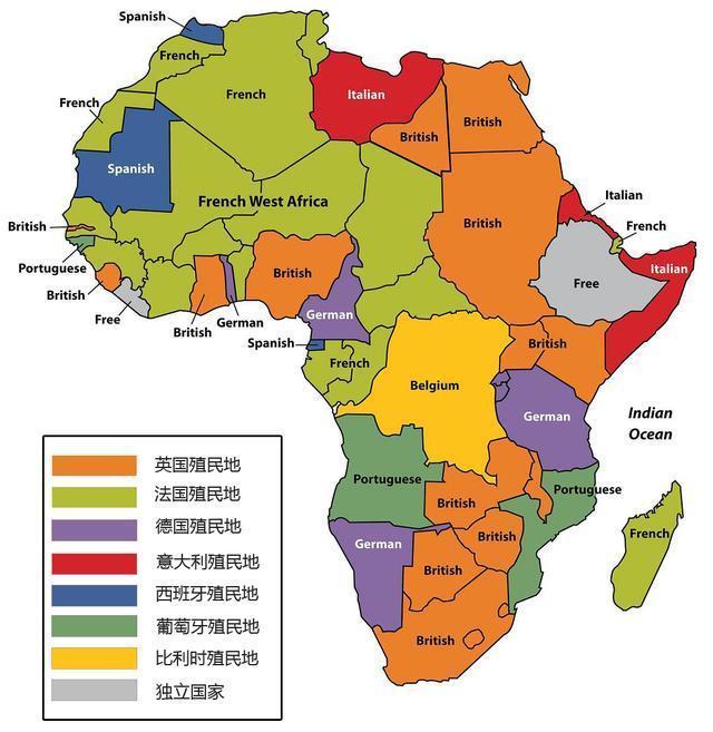 到一战结束前,整个非洲除了利比里亚和埃塞俄比亚两个国家是独立的