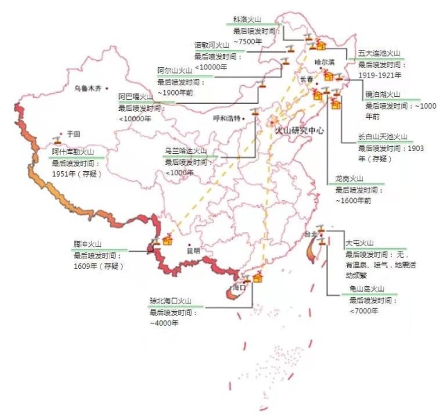 中国火山主要分布在东北地区,内蒙古高原地区,海南岛北部地区等地