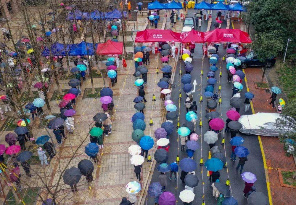 1月29日,在杭州彩虹城小区,居民们在雨中有序排队接受核酸检测采样.