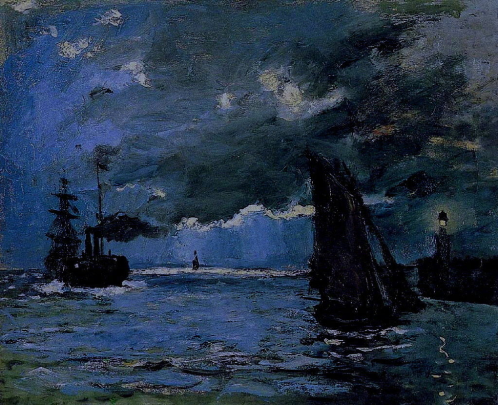 莫奈蓝色调油画风景