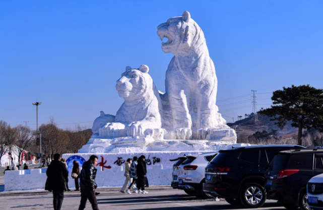 日前,13米高生肖虎主题雪雕和北京2022年冬奥会和冬残奥会吉祥物"冰墩