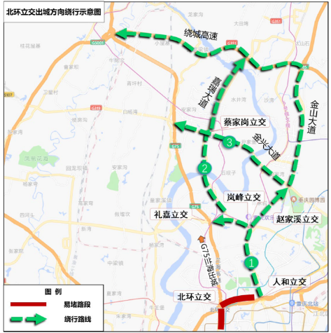 至g65邻水方向,g50万州方向【出城方向拥堵】g5001绕城高速东互通至